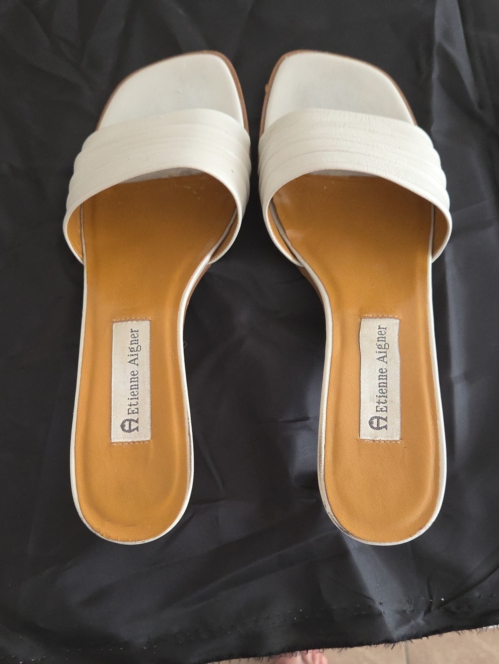 Etienne Aigner Off White Slide Mules with Tan Footbed